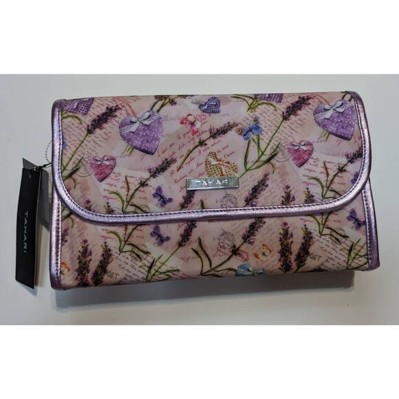 Tahari Lilac Sweethearts Hanging Travel Fold Up Toiletry Case Bag Clear Plastic - Picture 1 of 3